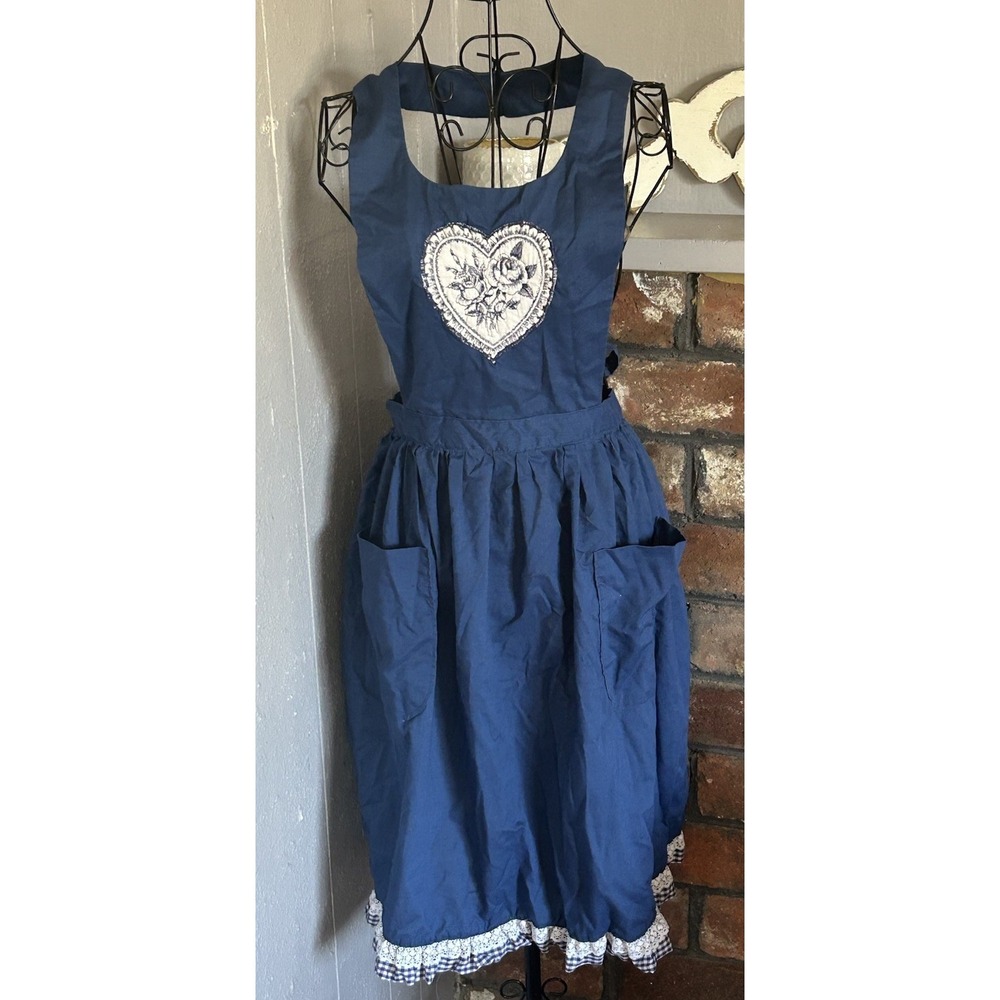 Handmade Blue White Checkered Floral Heart Apron No Size Cottagecore Pockets
